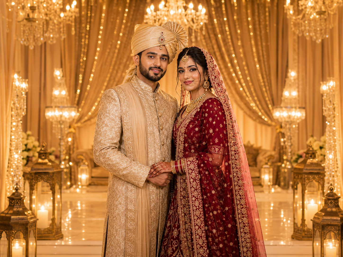 EasymatchBD wedding couple in traditional attire under golden lights
